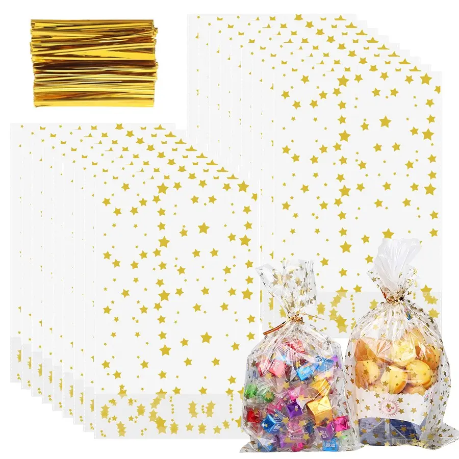 100pcs Star Printed Clear OPP Cellophane Treat Bags & 100pcs Golden Twist Ties Set, Goodie Bags for Party Favors, Candy, Cookie and Small Snack Packaging, Bright Packaging