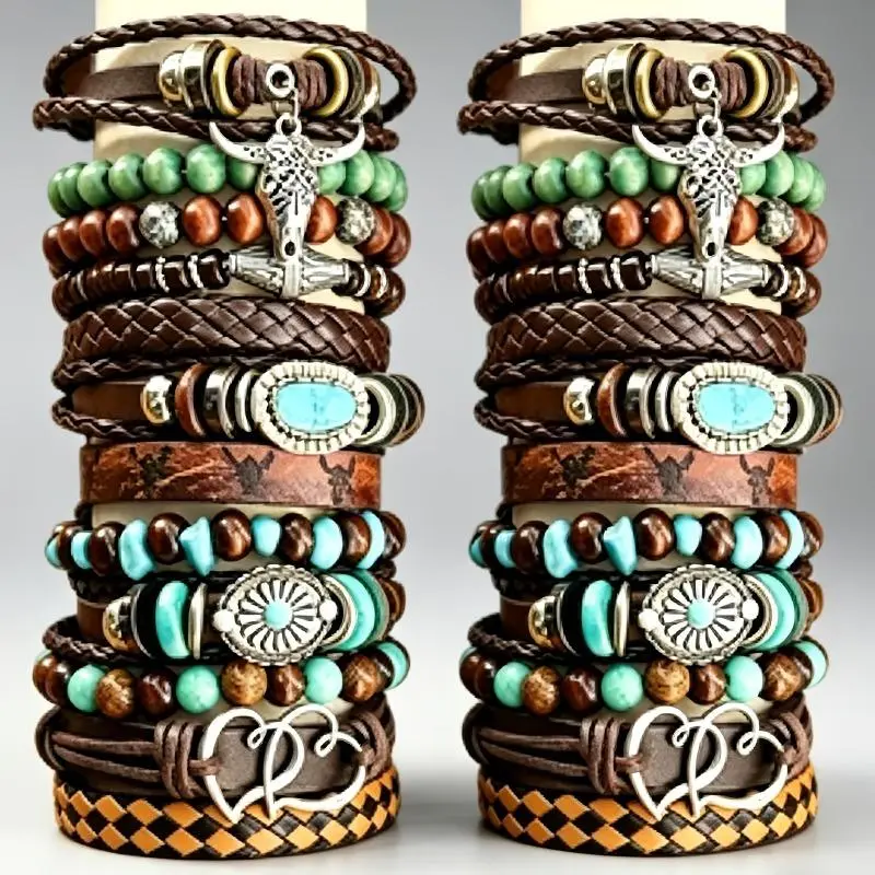 24Pcs Stylish Handcrafted Wooden PU Leather Bead Elastic Bracelet Set - with Bull Head Flower Heart Charms, Unique Adjustable Jewelry for Women Men Daily Wear Holiday Parties Gift-Giving