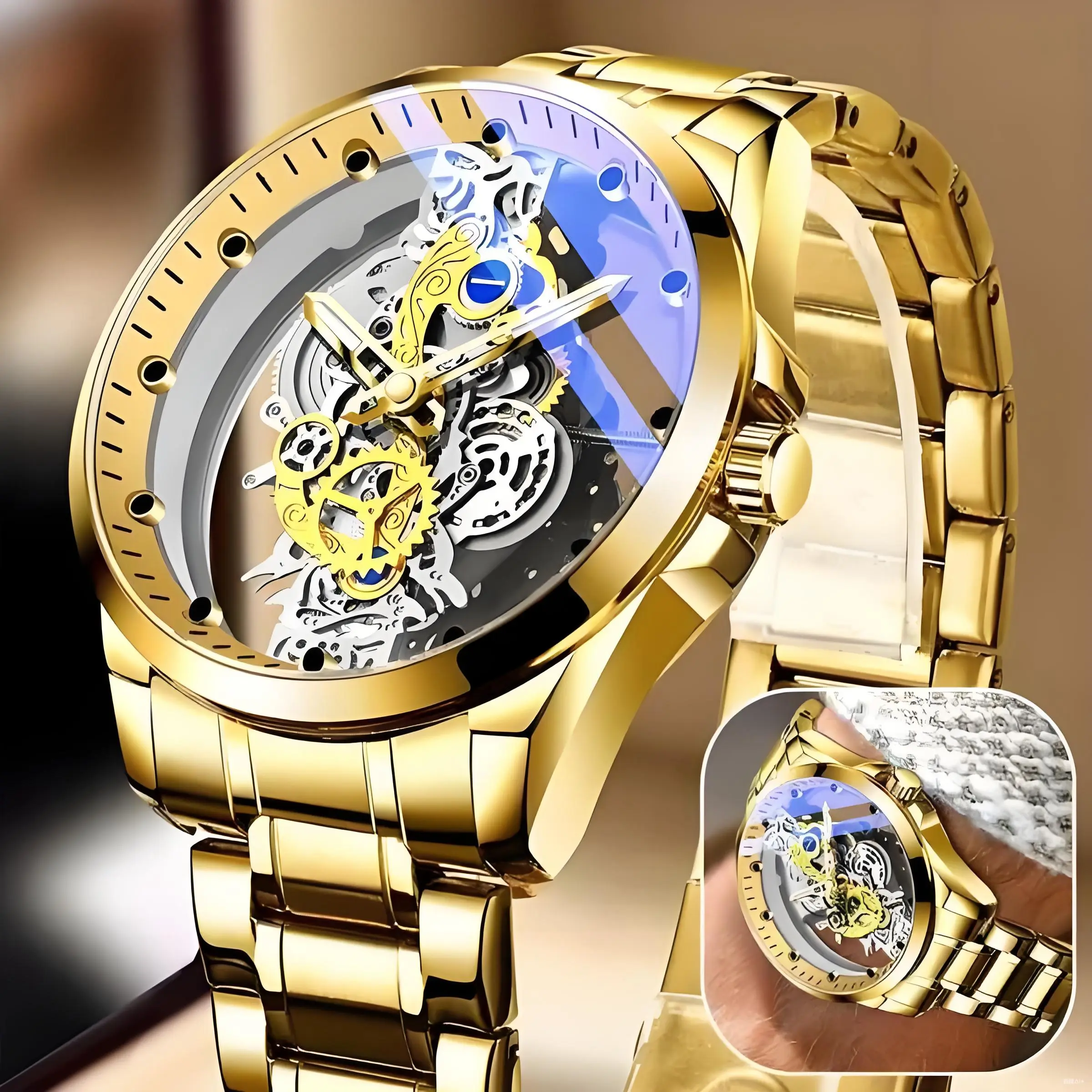 Men's Classic Luxury Transparent Mechanical Watch, Glow-In-The-Dark Hands, Diamond Bezel, Leather Strap, Business Casual Unisex Gift Boxed