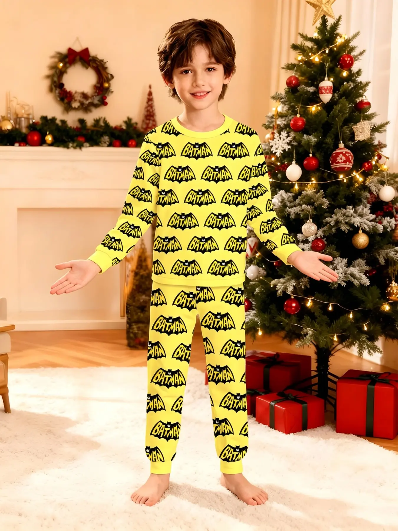 Official Warner Bros. Boys' Long Sleeve Pajama Set, Dc Batman & Robin Cartoon Print, Casual Fall Winter Sleepwear, Christmas Gift Idea
