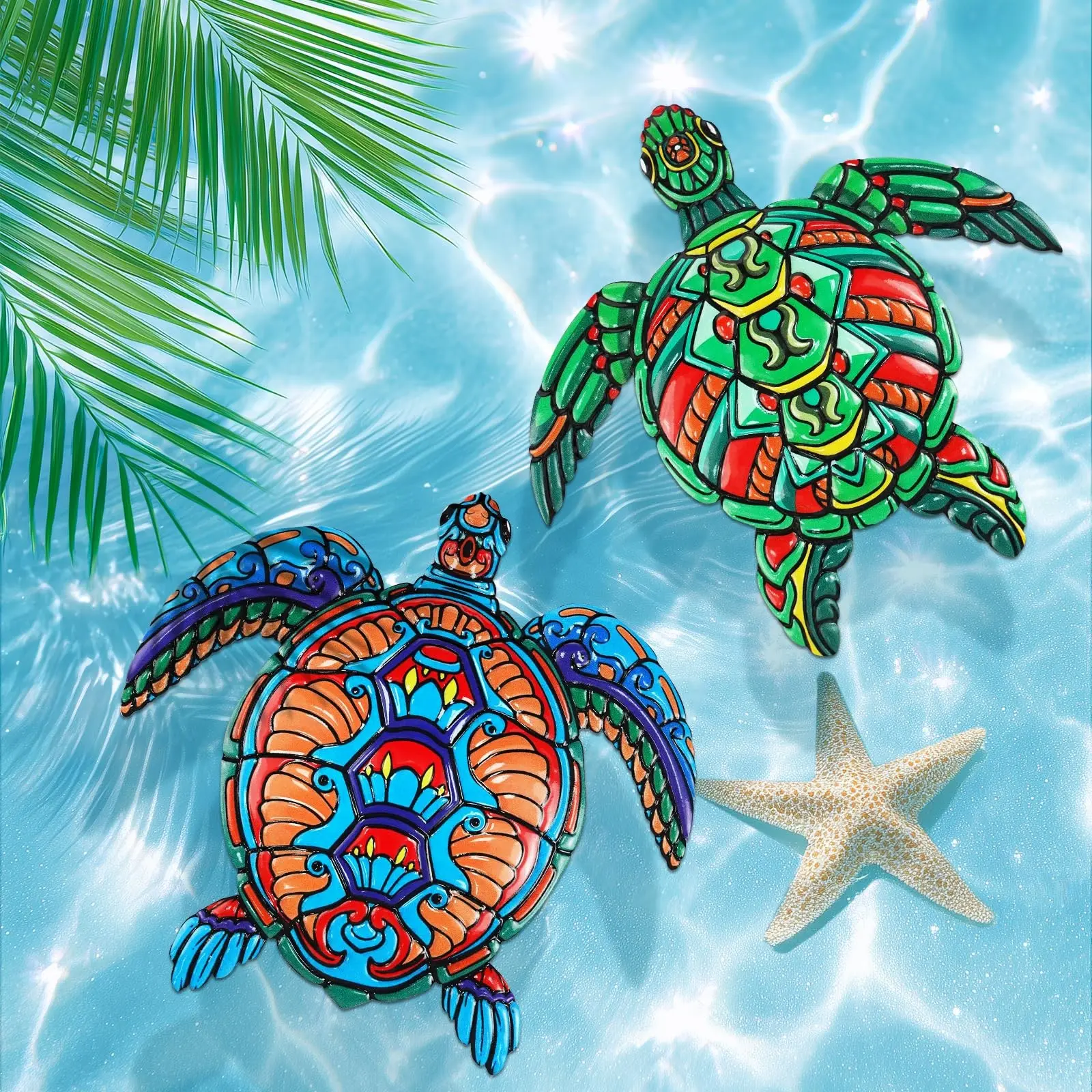 Two-Piece Floral Turtle Wooden Wall Decor, Decorative Waterproof Coastal Theme, Indoor Outdoor Garden Fence Courtyard, Beach Village Style