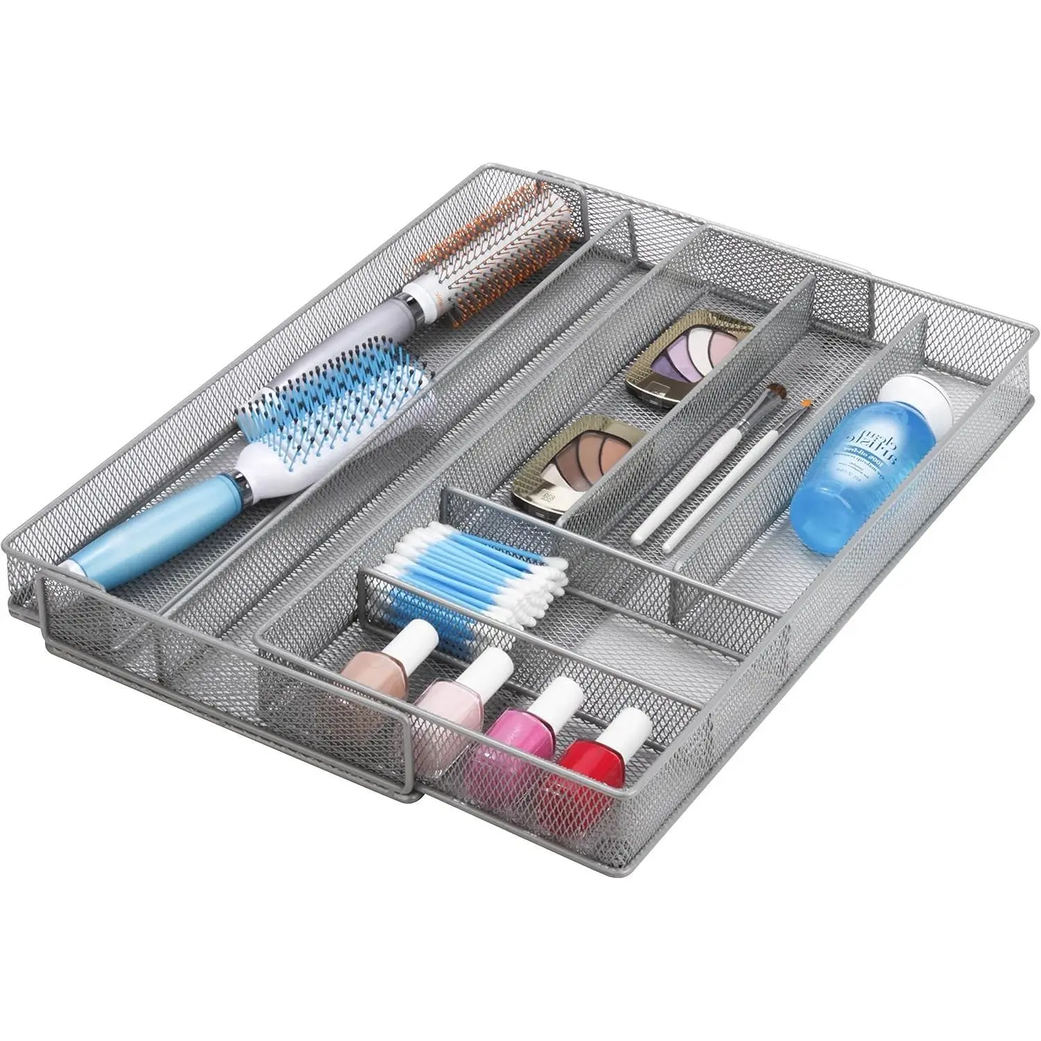 Expandable Steel Mesh Drawer Organizer, 7 Compartments, Silver, Adjustable 11.5 to 20 Inches Wide