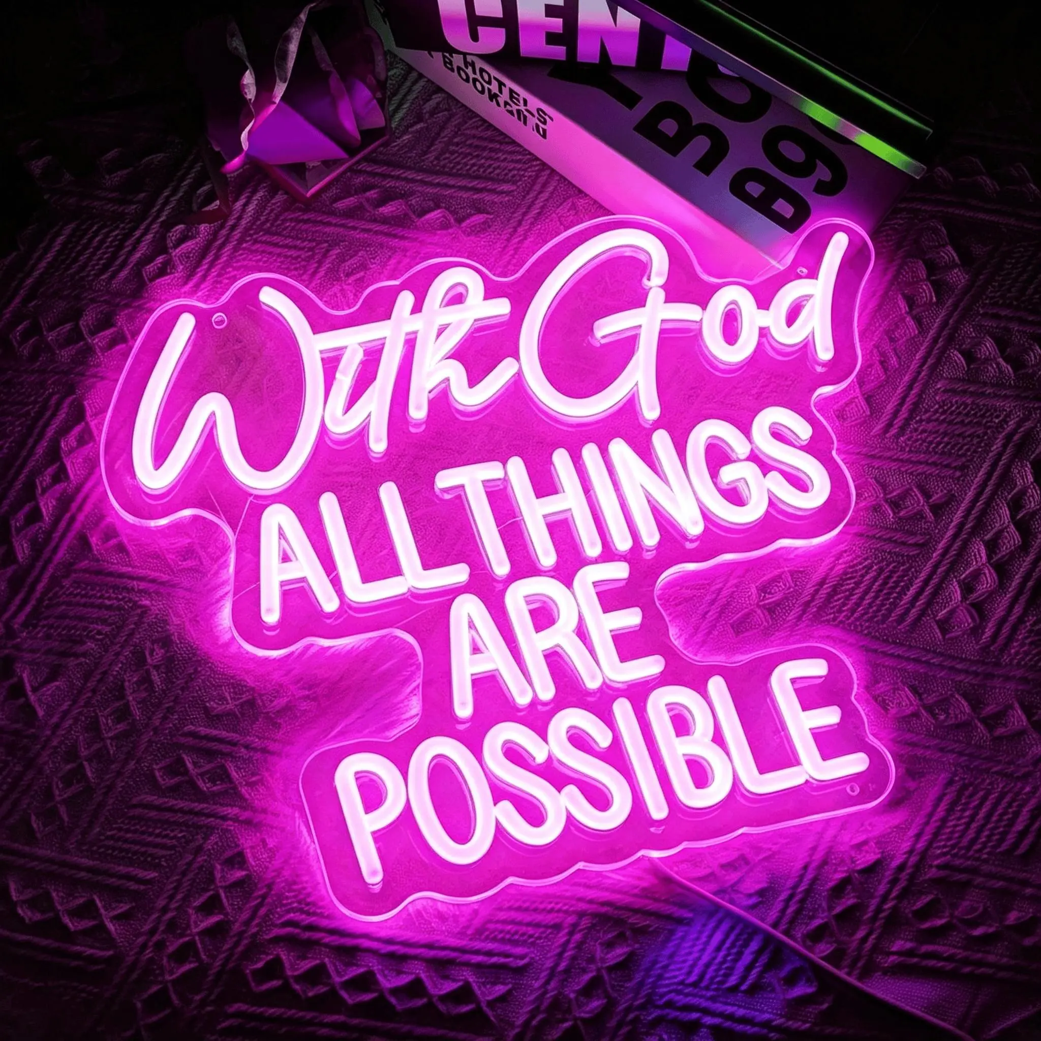 Pink Dimmable "With God All Things Are Possible" Christian Faith LED Neon Sign, USB-Powered Wall Hanging Religious Decor, Inspirational Wall Art Gift for Believer Women Teens (Prayer Room, Bedroom Use)