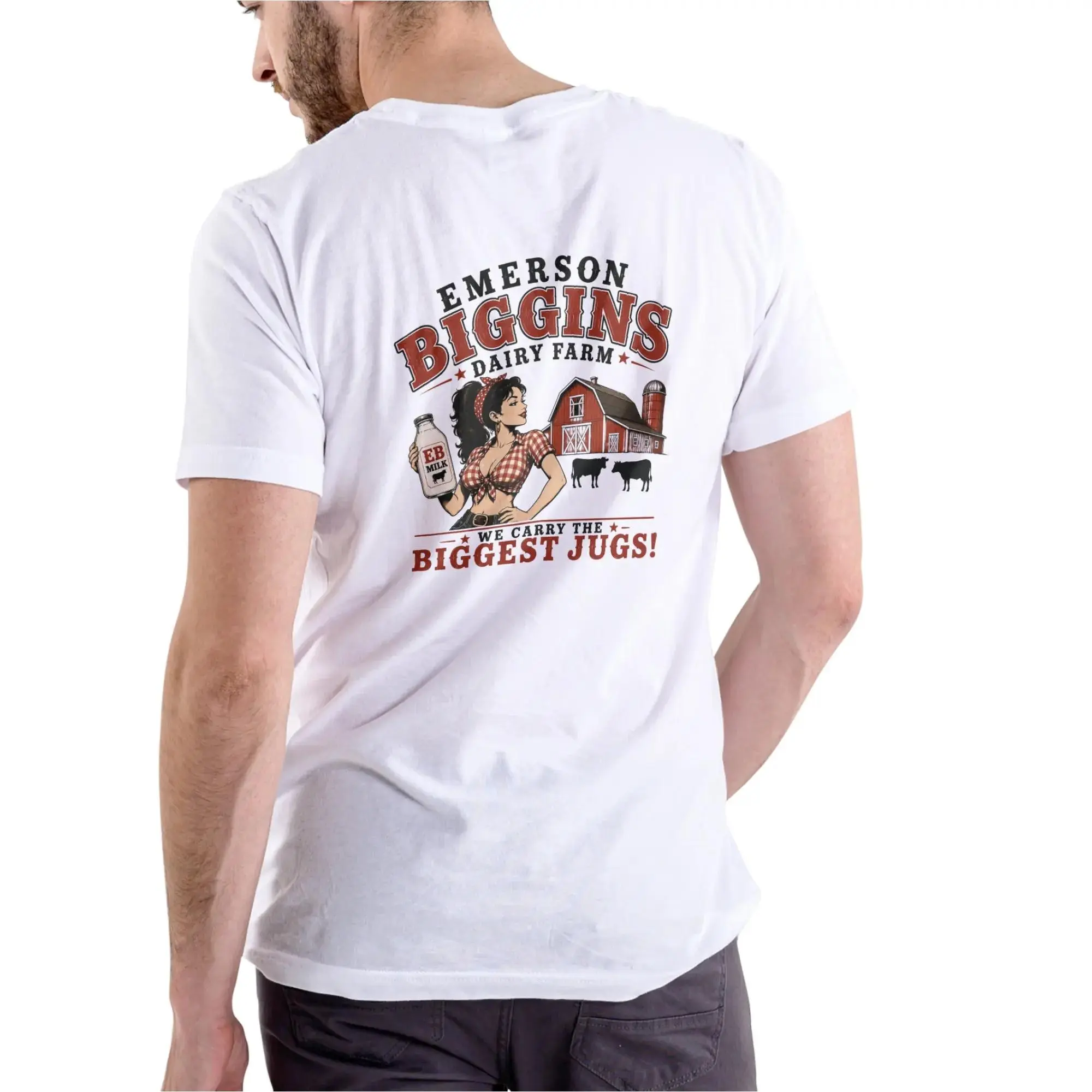 Emerson Biggins Dairy Farm Funny T Shirt, We carry the biggest Jugs. Unisex Cotton Crew gift