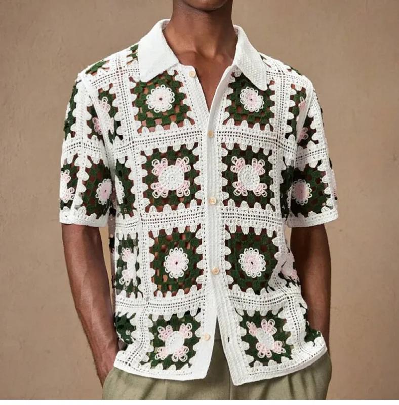 Kyn Apparel Summer Men Knitted Hollow Out Polo Shirt Fashion Short Sleeve Cardigan Tops French Retro Ethnic Premium Crochet Knitting Shirts