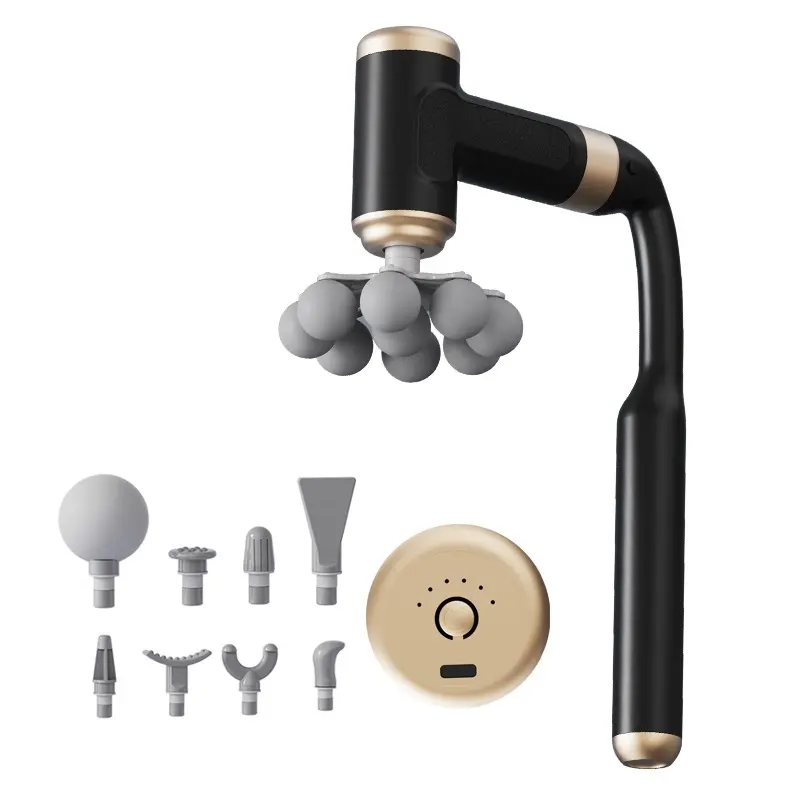 2 In 1 Long Short Handle Fascia Massager, U-Shaped 9 Balls Deep Tissue Percussion Massager with 8 Replaceable Massage Heads, Handheld Full Body Muscle Relief Massage Tool for Back Waist Shoulder Leg Gym Office Home Use