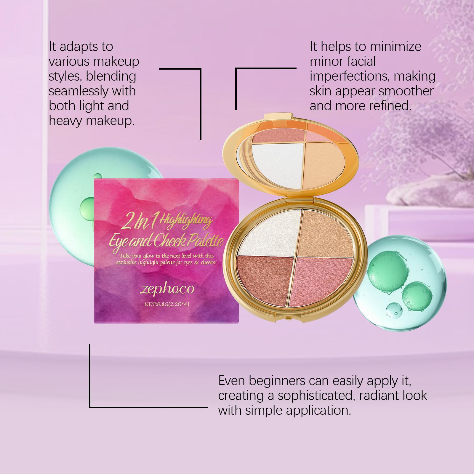 Zephoco Highlight Eyeshadow Blush Palette 2-in-1 Makeup for Eyes & Cheeks Flawless Glossy Powder Cosmetic