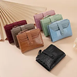 Women's Crocodile Embossed Mini Bifold Wallet - Macaron Solid Color, Multi Card Slots, Side Zipper Coin Purse, Daily Versatile Clutch, Wallets for Women