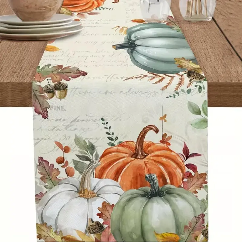 1pc, Fall Table Runner - Vintage Rustic Farmhouse Design with Pumpkins, Leaves & Cursive Script, Autumn Thanksgiving Decor for Dining Table, 13x48/72/108 Inch, Fall Decorations for Home