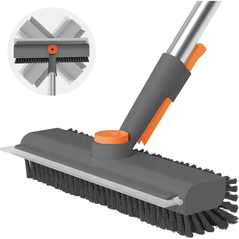 3-in-1 Floor Scrub Bathtub Brush with Long Handle, Double-Sided, Heavy-Duty Stiff Bristles & Squeegee – Scrape & Scrub for Shower, Bathroom, Patio, Garage, Kitchen, Wall & Deck – Home Cleaning Essentials