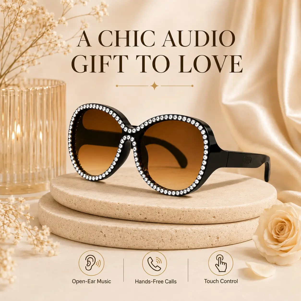 Bling Bluetooth Glasses for Women, Stylish Smart Audio Sunglasses with Open-Ear Speakers, Built in Microphone, Wireless Music, Clear Calls and Touch Control