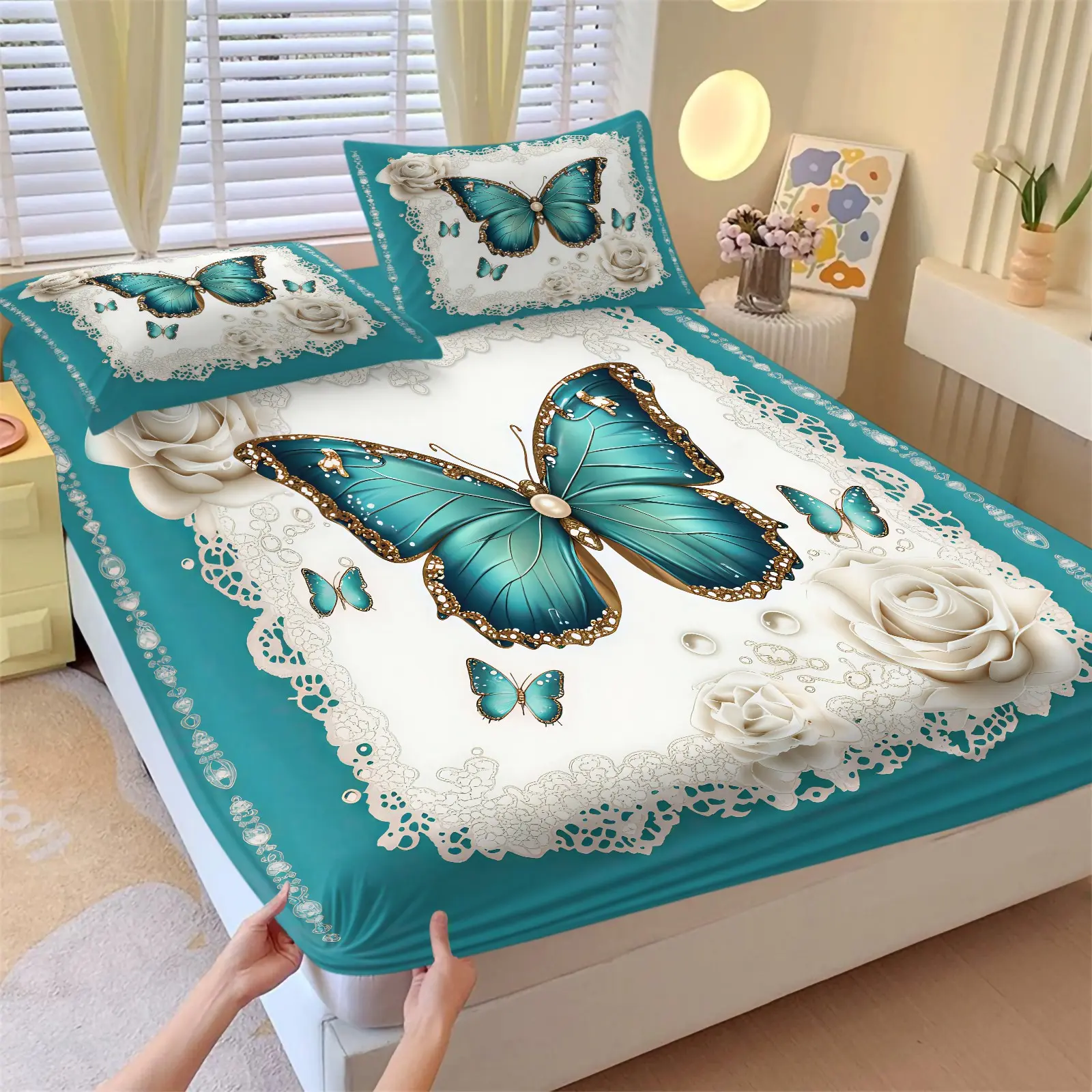 Butterfly & Rose Printed Fitted Sheet 3-Piece Set, with 2 Pillowcases, Elegant Romantic Style Teal Blue Butterfly White Rose Pattern, Deep Pocket Soft Microfiber Butterfly Sheet Twin Size for Girls Boys Kids and Teens