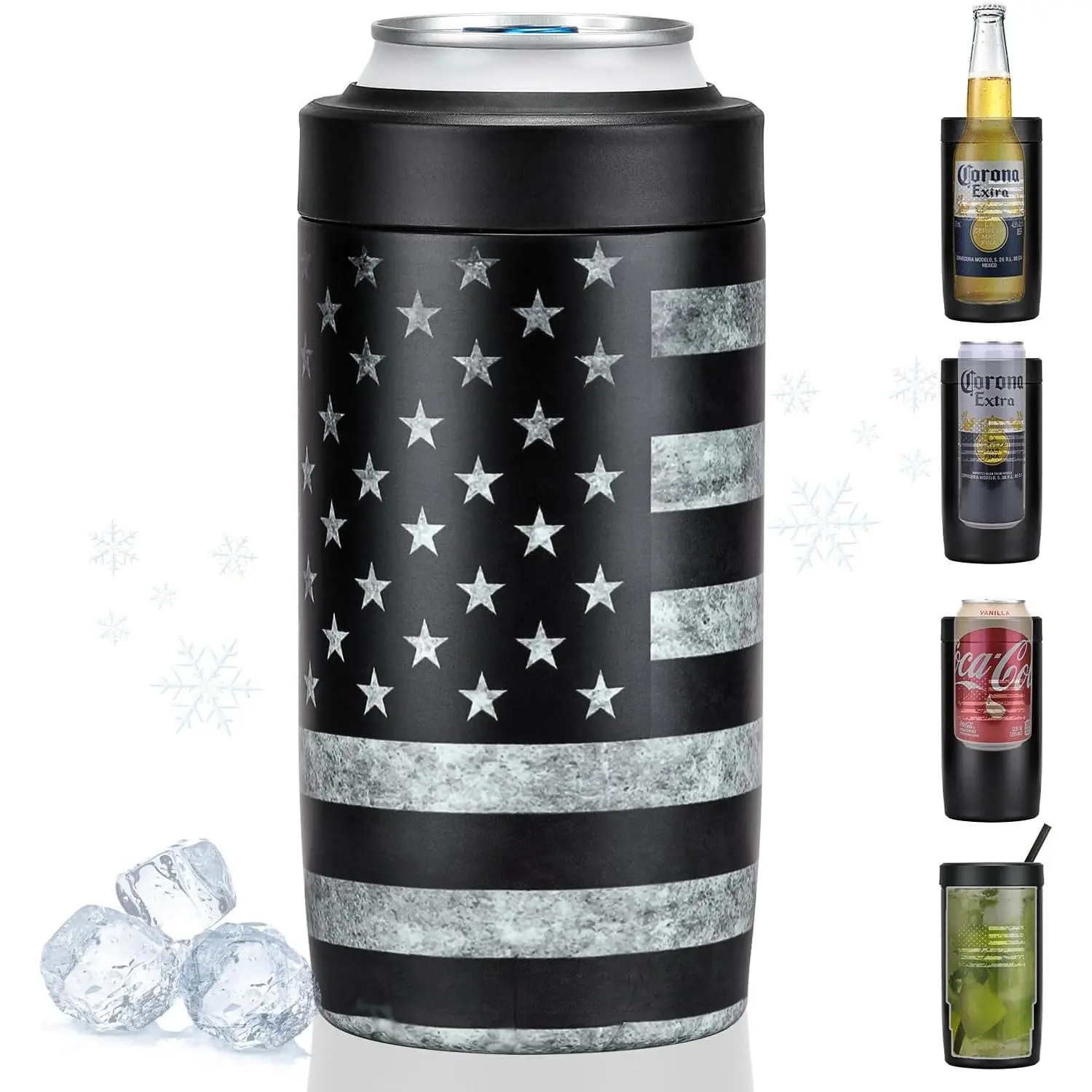 4-in-1 Slim Can Cooler Easy to Hold Insulated  Can Holder Double-Walled Stainless Steel for  12 Oz Cans Black  Flag 2