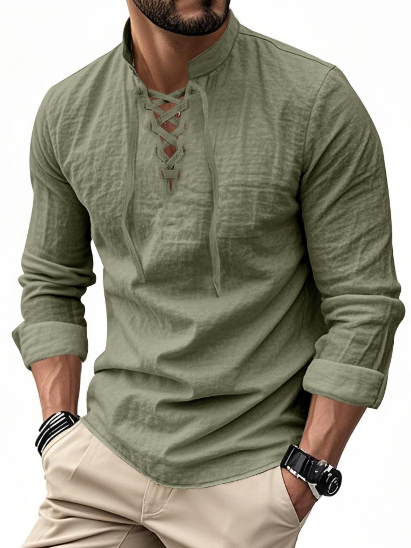 Men's Lightweight Breathable Linen Shirt, Drawstring Collar, Unique Design, Casual Plain Long Sleeve Polo, Perfect for Daily Commute Spring Fall Men's Clothing Men's Lightweight Breathable Linen Shirt, Drawstring Collar, Unique Design, Casual Plain Long Sleeve Polo, Perfect for Daily Commute Spring Fall Men's Clothing
