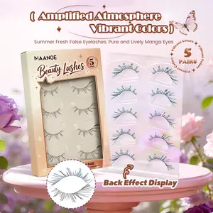 MAANGE 5 Pairs C Curl Gradient Shimmer Manga Lashes, Natural Oxygen False Eyelashes Ultra-Thin Invisible Band, Lightweight & Reusable, Easy to Apply, Cool-Tone Sparkle for Summer Makeup, Cosplay & Music Festivals, All-Day Comfort
