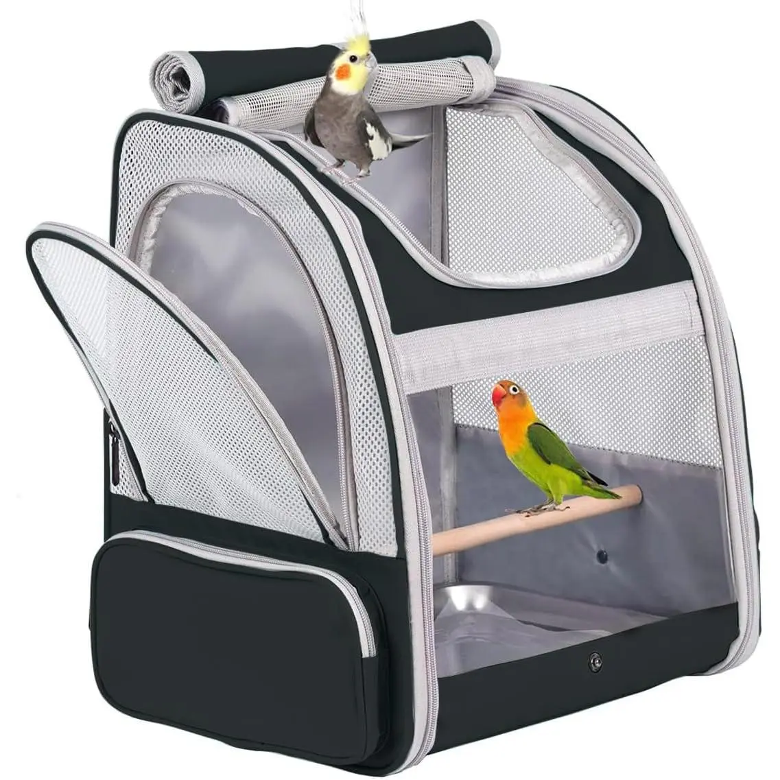 Bird Backpack Carrier with Stand Perch, Bird Travel Backpack for Hiking, Airline Approved Black Bird Backpack