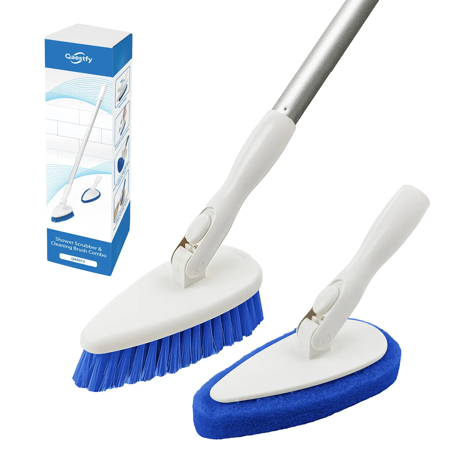 Qaestfy Bathroom Accessory Set, 51-in Adjustable Long Handle Swiveling Shower Scrubber with 2 Plastic Brushes & Pad for Bathtub, Tile, Glass, Wall Cleaning Mop