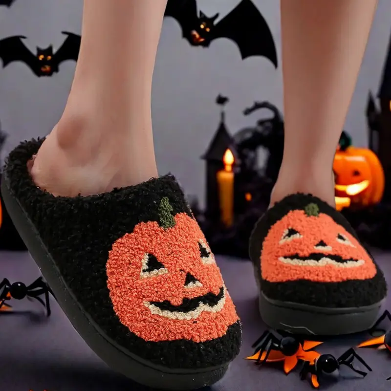 90s Vintage Halloween Pumpkin Embroidered Soft Plush Slide Warm Slippers, House Slipper, Cozy Indoor Slides, Cozy Indoor Footwear for Men & Women, All Seasons Minimalist Home Comfort