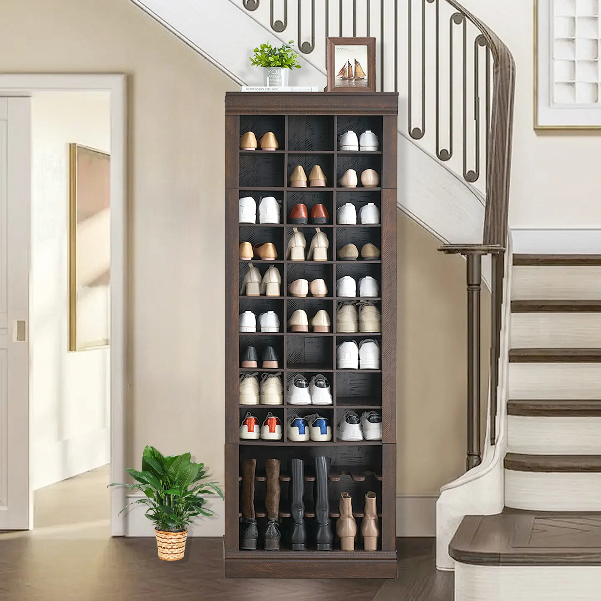 Shoe Cabinet, 10-Tier Entryway Shoe Storage Cabinet with 27 Cubbies and Tall Boots Storage, Freestanding Entryway Shoe Organizer for Entryway, Living Room, Brown
