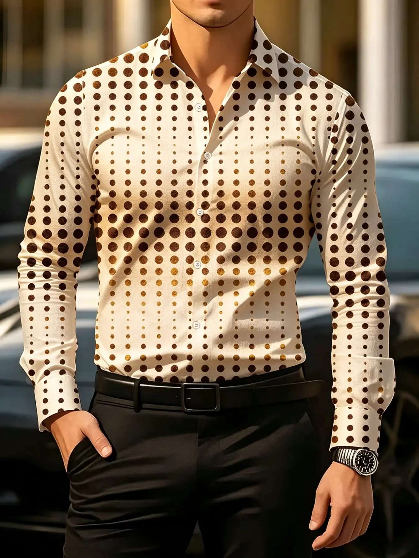 Men Slim Fit Long Sleeve Button Up Dress Shirt Sublimation Fabric Burgundy Gold Vertical Polka Dot Print Turn Down Collar Formal Business Shirts For Men Wedding Office Party Daily Wear