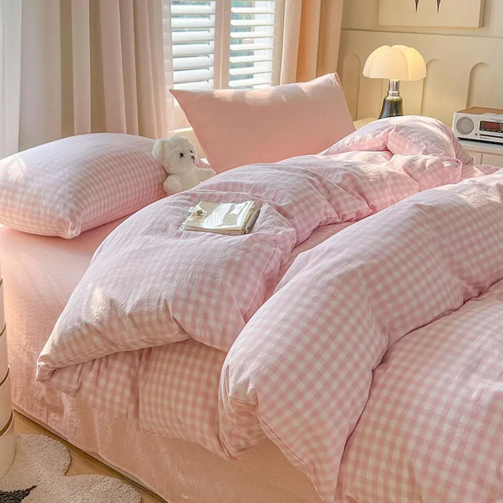 Gingham Duvet Cover Full Size Pink White Checkered Comforter Cover 3 Pcs Soft Breathable Washed Microfiber Grid Farmhouse Bedding Set with Pillow Shams