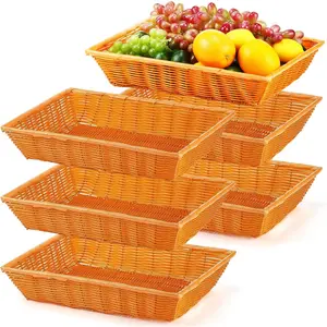 6 Pack Poly Wicker Baskets, 16 Inch Imitation Rattan Woven Bread Baskets Rectangle Stackable Basket for Restaurant Tabletop Display Food Fruit Vegetables Bread Serving