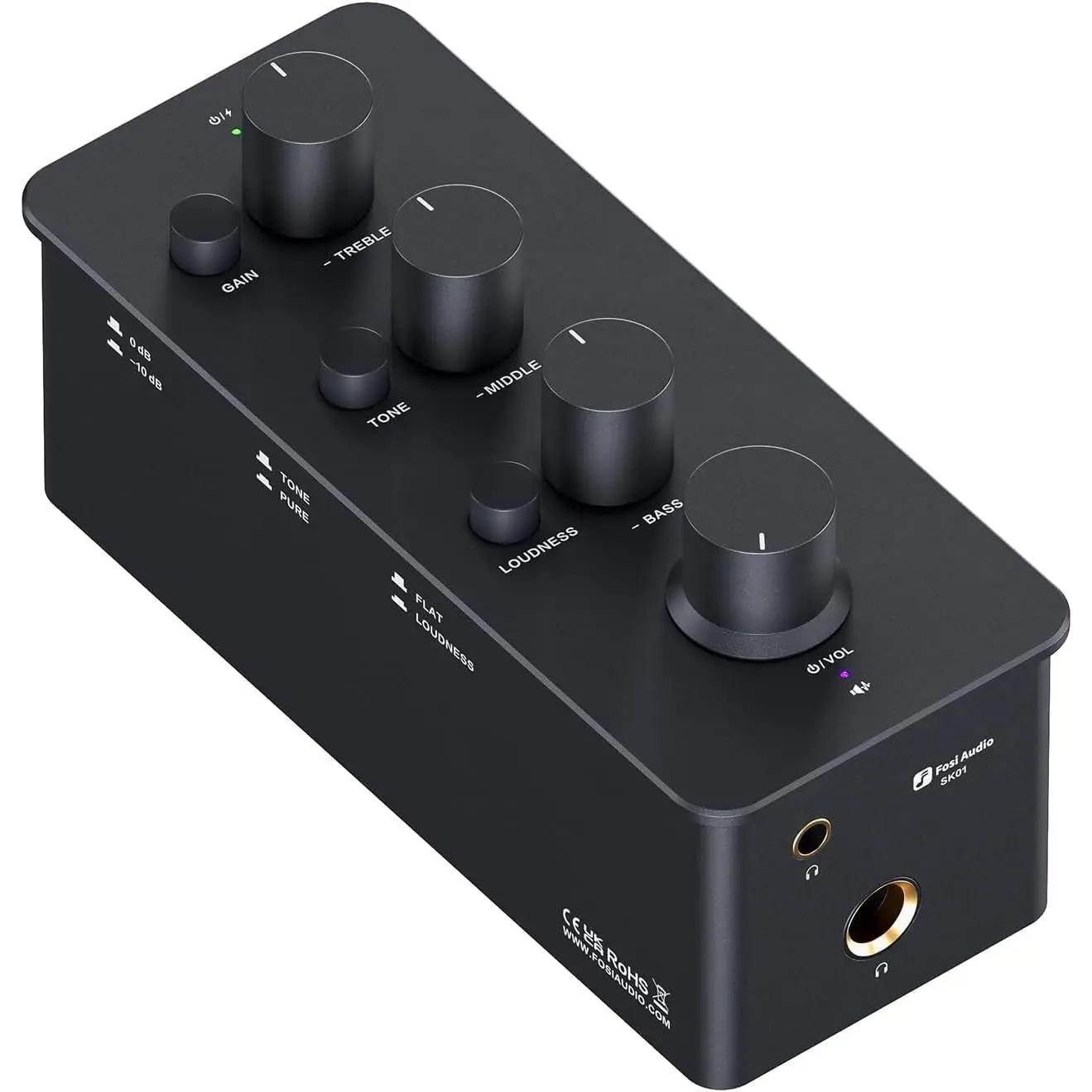 SK01 Headphone Amplifier Equalizer Preamp with Bass Midrange Treble Tone Control and Loudness Compensation Portable Class A Analog Amp for Electric Guitar Instrument with 3.5mm 6.35mm Jacks