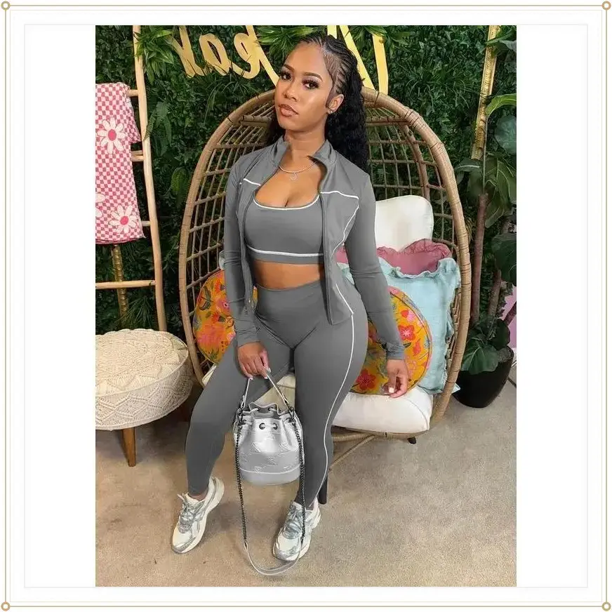 Casual  Piece Set Women Tracksuit Elastic Vest+Zip Jacket+Leggings Matching Street Sporty Fitness Street Shapewear