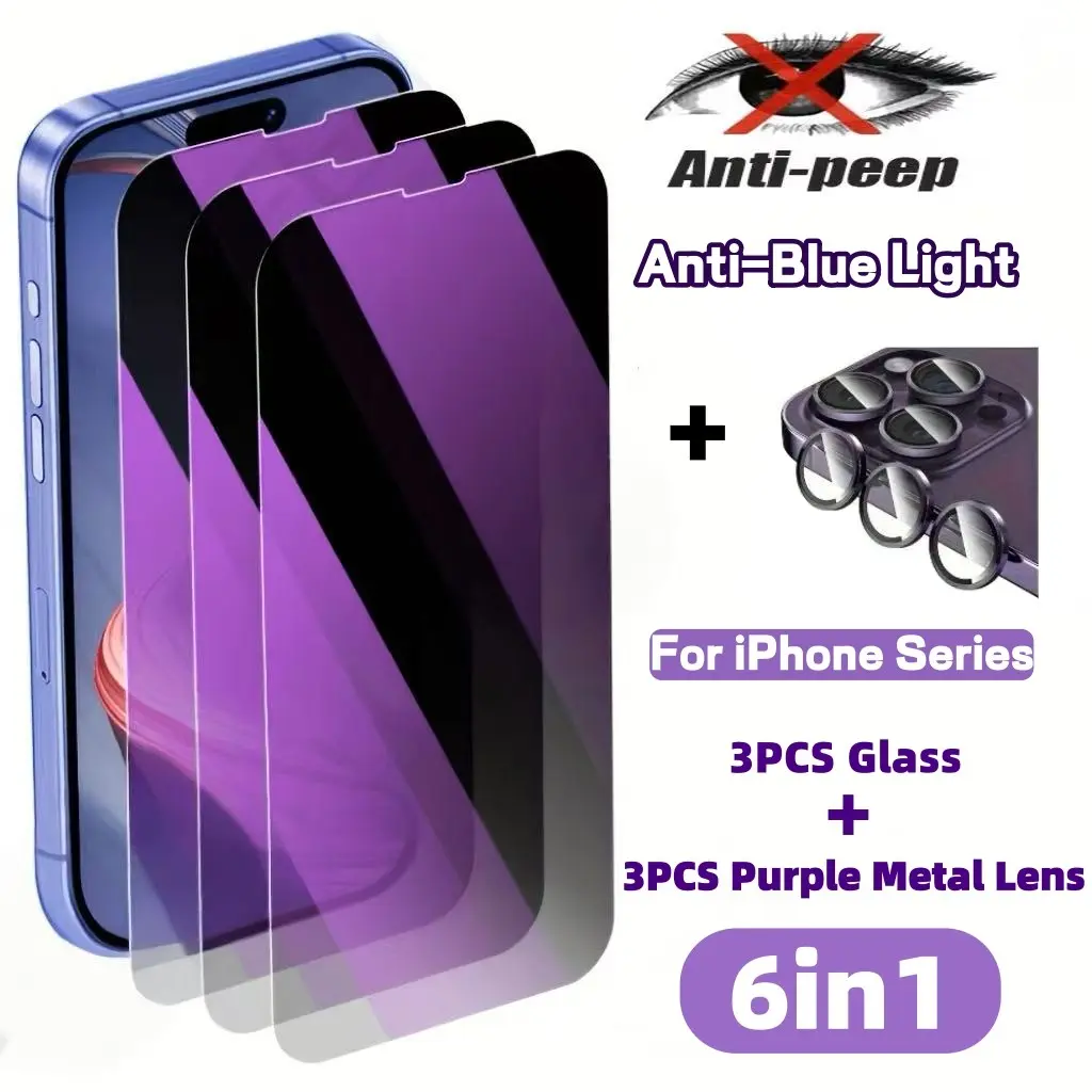 6-in-1, Accessories, 3pcs Anti-Blue Light Privacy Smartphone Screen Protector+3pcs Purple Metal Lens For iPhone 17 Air/17 Pro Max/17/16E/16/15/14/13/12/11/13 Mini/12 Mini,9H+ Hardness,Scratch Resistance,Anti-Spy,Protect Eyes,Upgraded Edge Protection