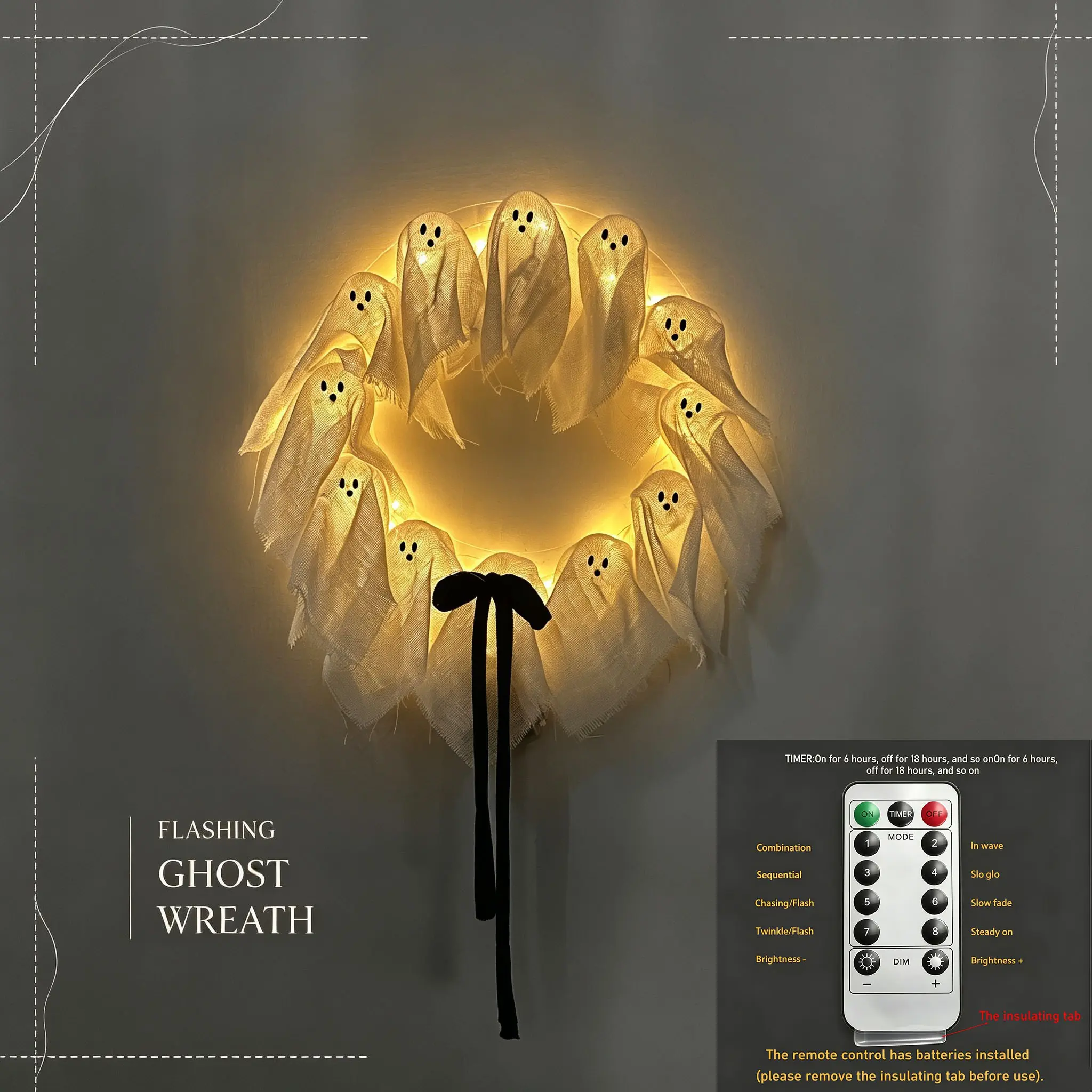 New Halloween Flashy Ghost Wreath, 8 lighting modes, comes with a remote control. These glowing Halloween ghost wreath ornaments feature a cute and cuddly ghost design—hang them on doors and windows to create the ultimate festive atmosphere! This adorable