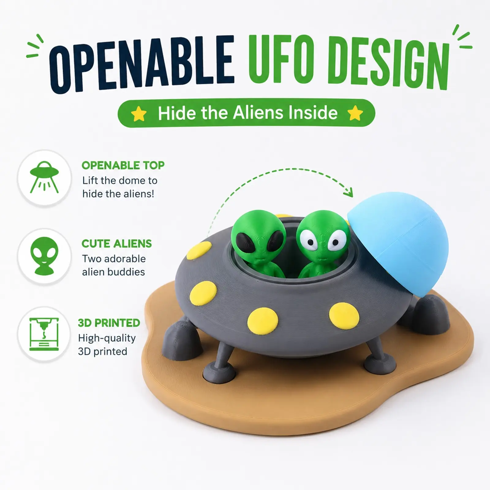Ufo Flying Saucer Alien Set Decorative Figurine, 3D Printed Spaceship with 2 Aliens, Sci-Fi Desktop Atmosphere Ornament