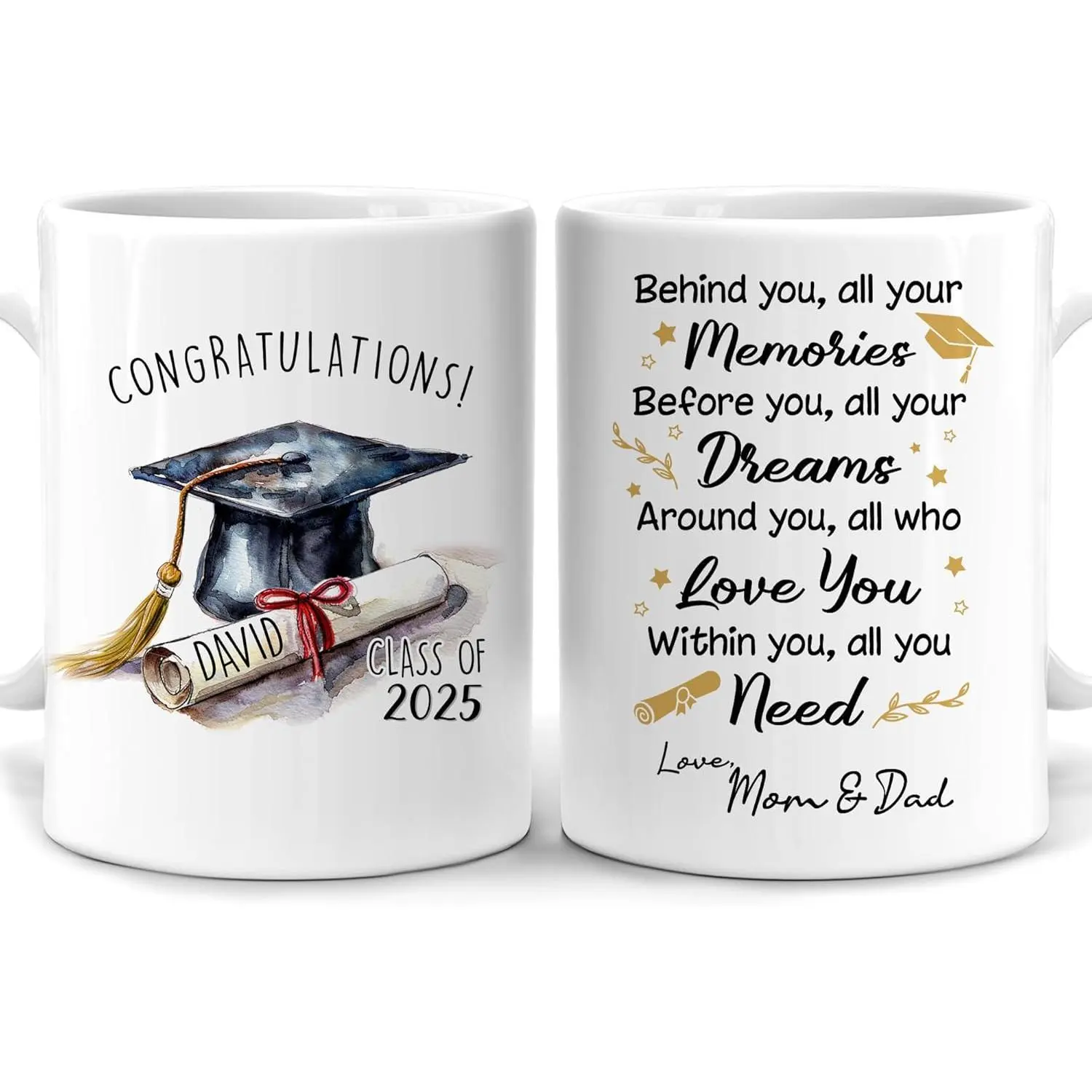 Personalized Graduation Mug Gifts for Daughter Son Grandchildren - Senior 2025 Gifts - Graduation Greeting Mug for Graduates Students - Custom Name 11oz 15oz White Ceramic Coffee Tea Cup