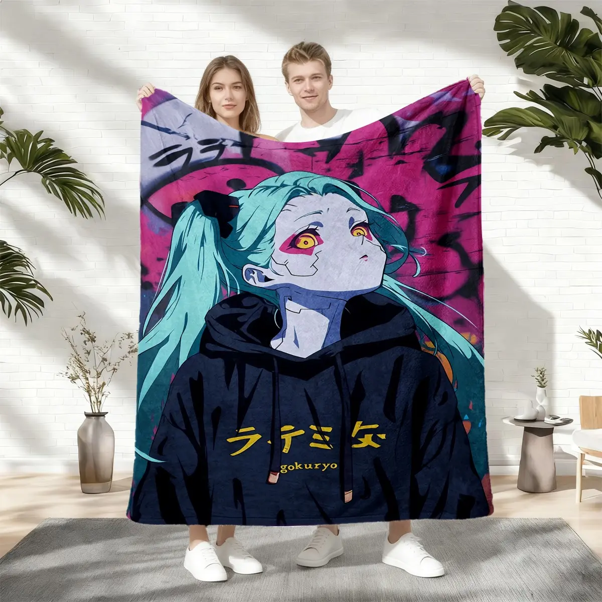 Cyberpunk Edgerunners Rebecca Cool Anime Character Street Graffiti Print Flannel Blanket All Season Cozy Travel Blanket, Perfect Birthday Gift For Cyberpunk Anime Fans