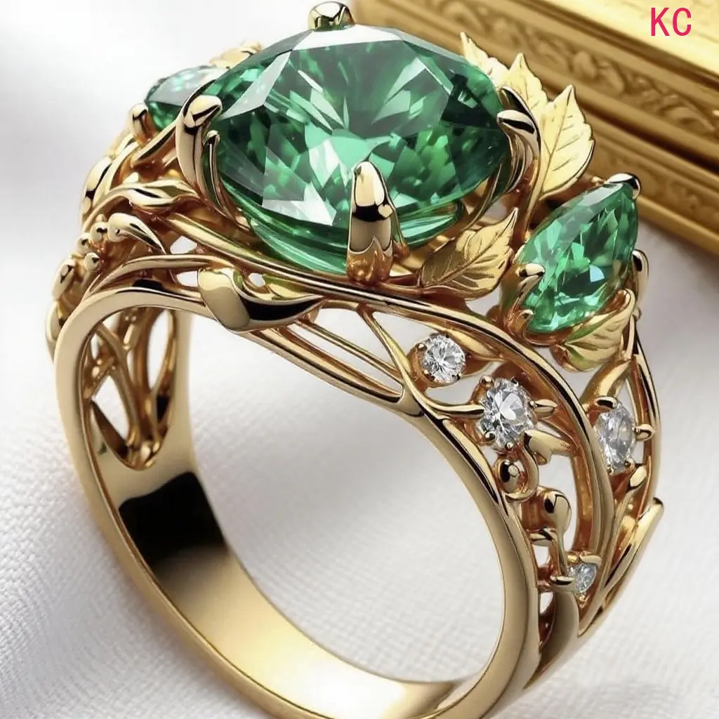 Floral Ring Inlaid Green Gemstone, High-end Fashion Finger Jewelry For European American Women Daily Styling