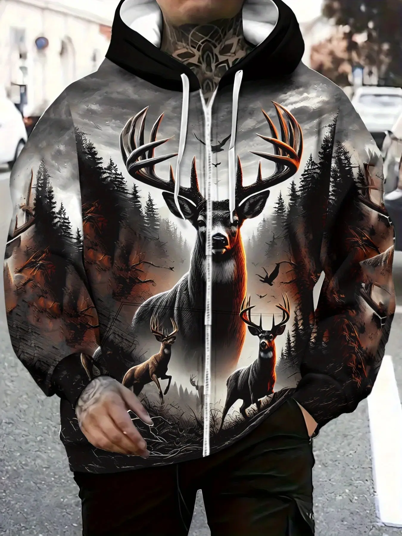 Vintage Wild Forest Reindeer Print Sweatshirt, Drawstring Zipper Hoodie, American Motorcycle Street Style, Loose Fit Long Sleeve Top