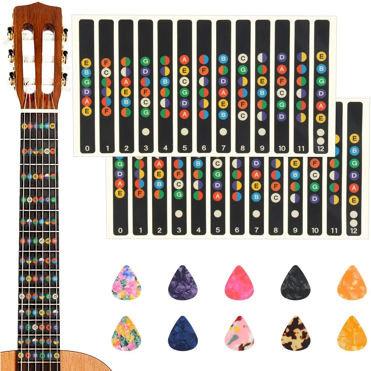 2 count Guitar Fretboard Stickers with 10 Picks for Beginner Learning | Guitar Learning Stickers, Memorize notes and chords, Fret Board Sticker, For Beginner or Player