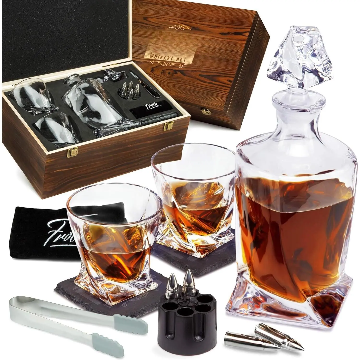 Luxury 30oz Wine Decanter Set with Utensils - 2 Twisted Glasses, 6 XL Stainless Steel Chillers, Freezer Base, 2 Slate Coasters, Tongs, Freezer Pouch in Pinewood Gift Box