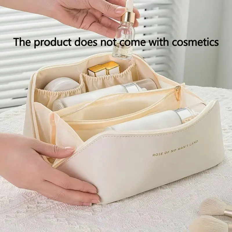 Large Capacity Travel Makeup Bag, Expandable Cosmetic Storage Bag with Zipper Compartments, PU Leather, Ideal for Women, Gym, Business Trips, Vacations