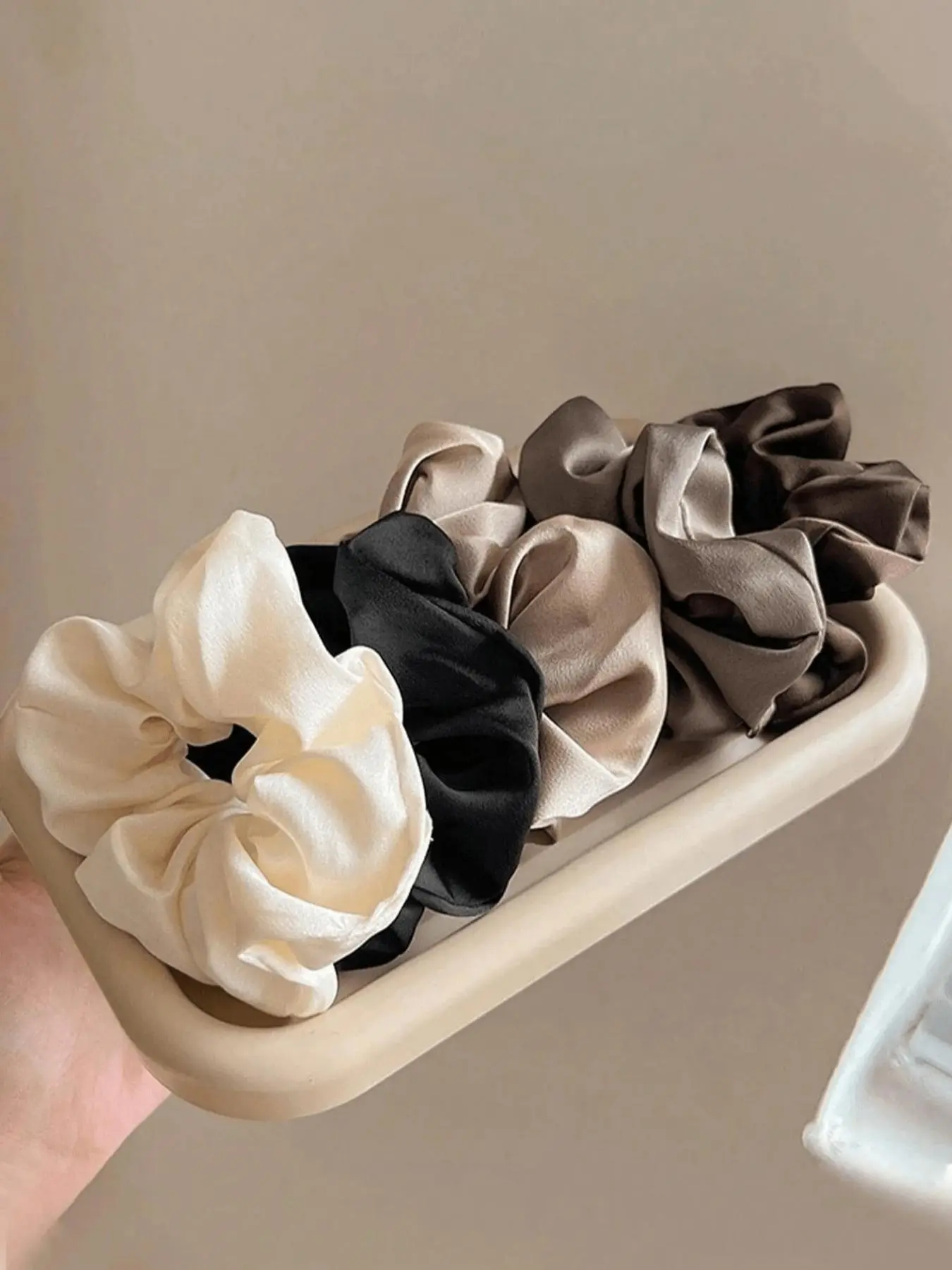 5pcs Classic Black, White & Brown High-Quality Satin Scrunchies, 3.35 Inch Diameter, Suitable For Buns, Ponytails, Daily Wear, Travel, Beach, Gifts Head Accessories Hair Ties Car Bathroom Hair Accessories