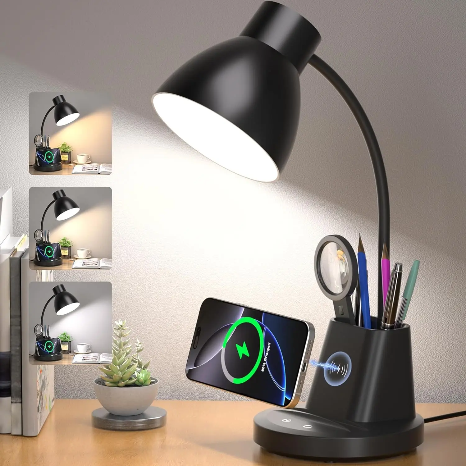10W Wireless Charging LED Desk Lamp with Pen Holder, CRI 95, 800LM, 3 Modes, 360° Flexible Arm, Touch Control, Dimmable, Black Table Lamp for Home Office, Dorm, Bedside, Study, Reading, Adapter IncludedGift