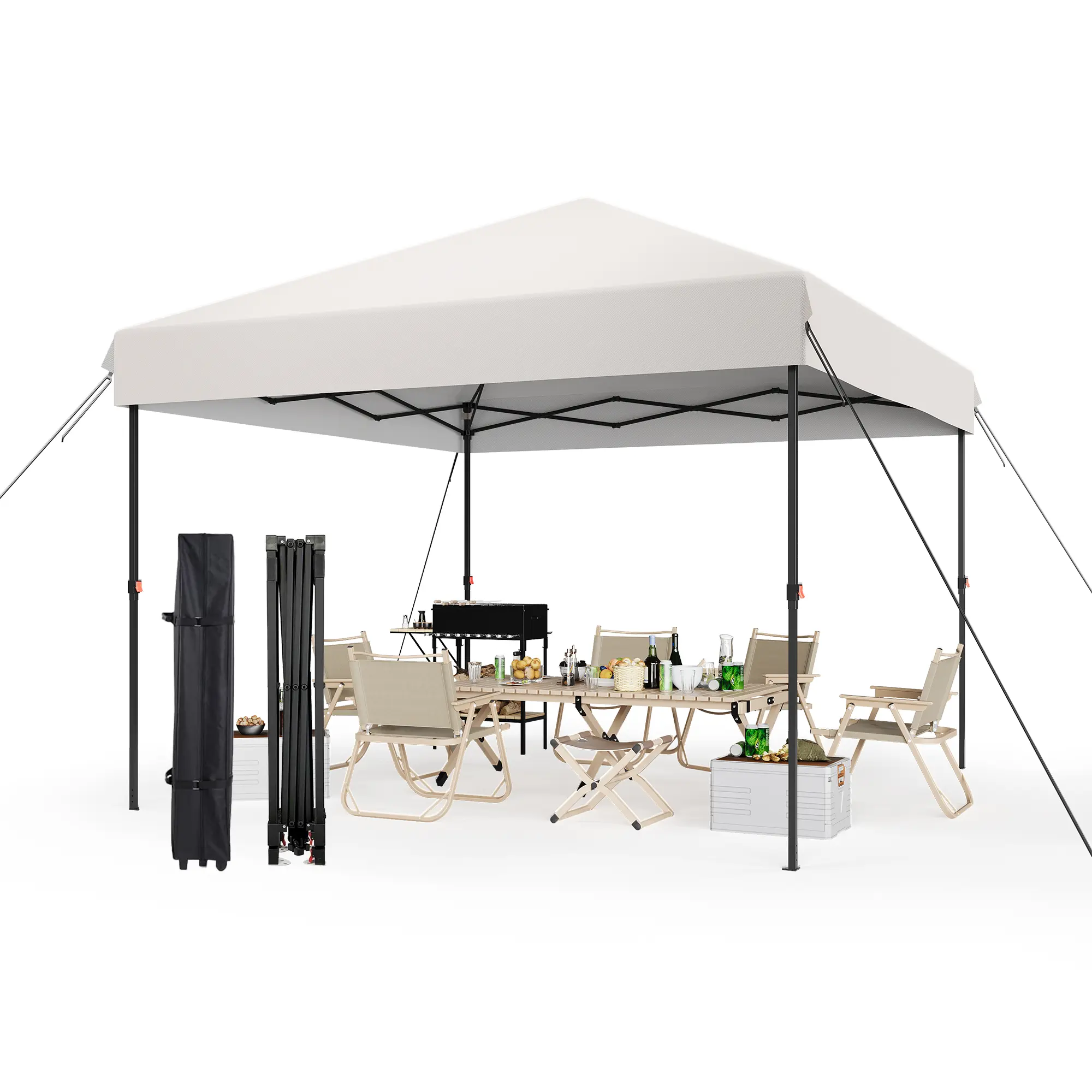 Heavy Duty Pop Up Canopy Tent - UV-Resistant 210D Oxford Top - 1-Button Push Setup - 3 Adjustable Heights - Rust-Proof Frame - Roller Bag, Weight Bags, Stakes, Guy Ropes - Outdoor Patio, Backyard