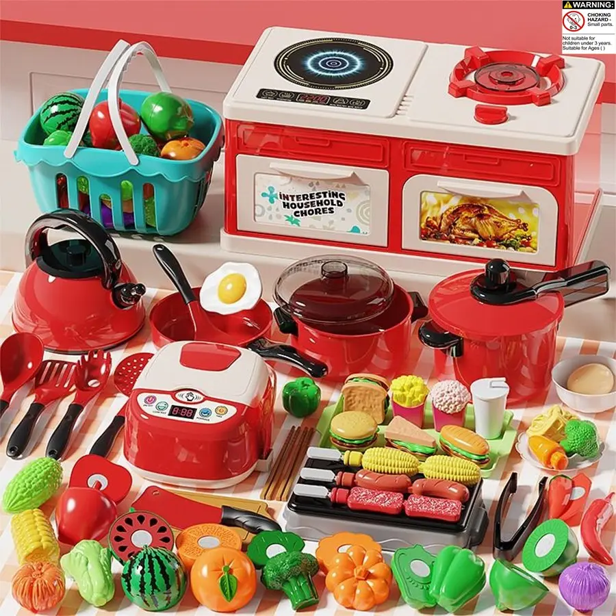 Realistic Kitchen Pretend Play Set for Kids, Educational Cooking Toy Set with Various Foods/kitchen Utensils/dishes, Fake Stove, Lights & Spray
