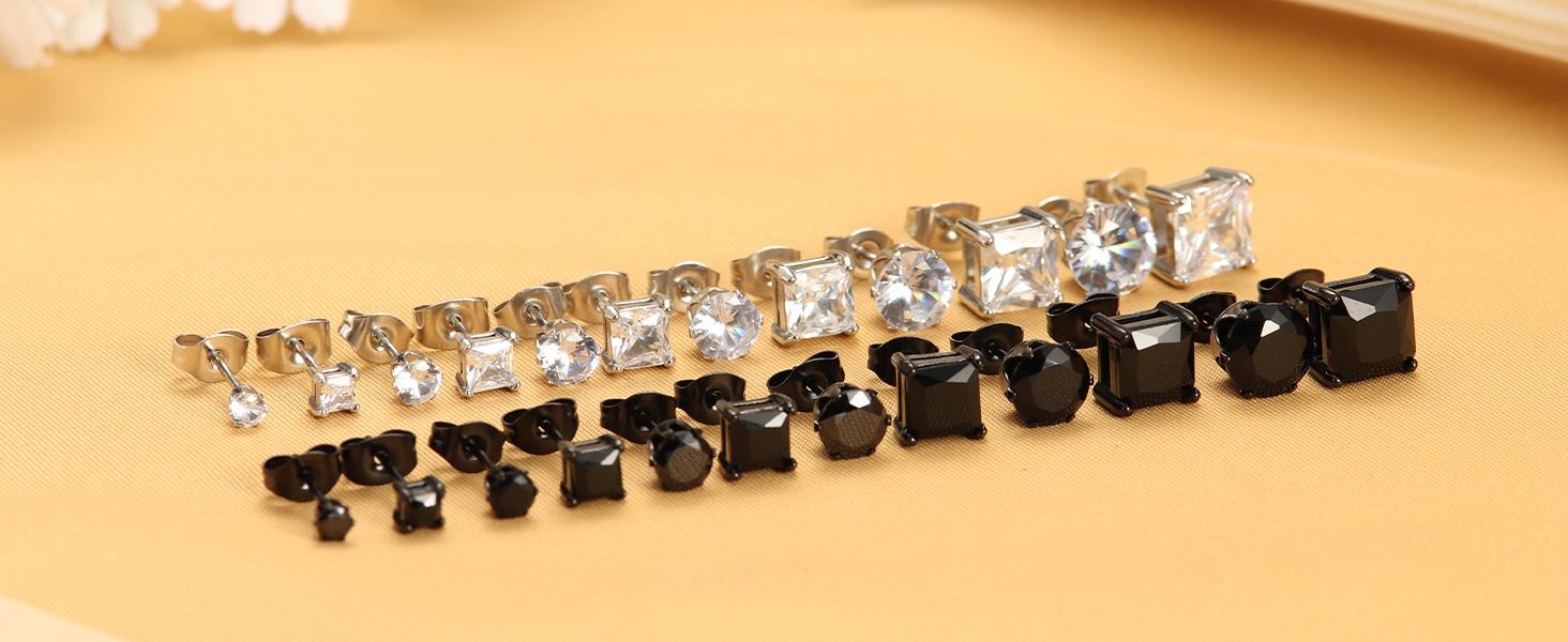 BESTEEL Hypoallergenic CZ Black Stud Earrings for Men & Women - Stainless Steel studearrings, Square Round Shape, Sensitive Ear Jewelry Set, Model 3-8MM accessories men
