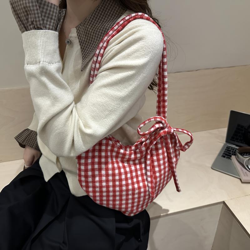 Women's Heart-Shaped Crossbody Bag with Bow and Checkered Pattern - Minimalist Handbag, Fixed Strap Magnetic Closure, Red - Elegant Daily Wallet, Bag, Versatile Fashion Accessory, Durable Fabric shoulder bags Large Soft Color Suede Kisslock Barrel
