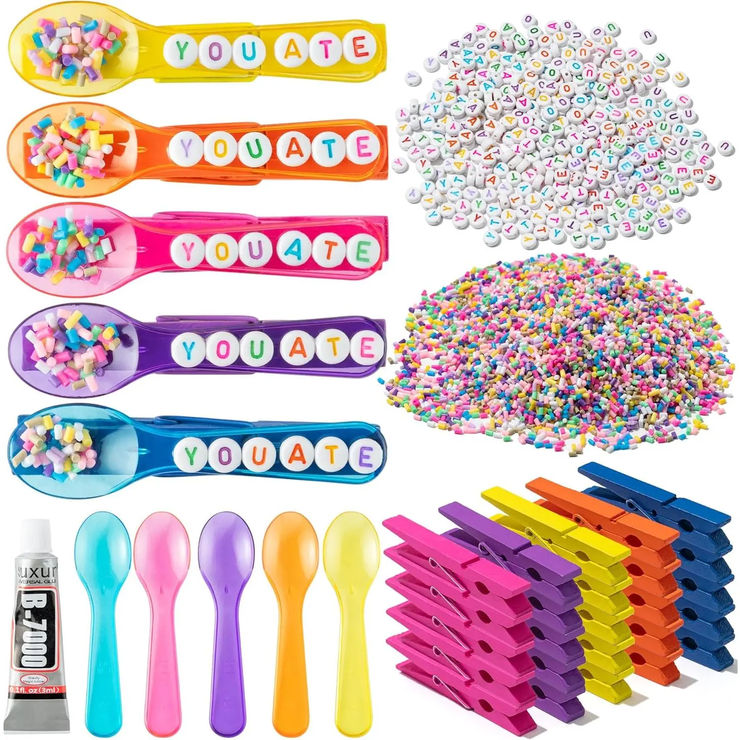 YOU ATE Spoon Cheer Pins Team Spirit Clips - 60 Set DIY Good Luck Wooden Clothes Pin Colorful Bead Craft Kit Bright Cheerleader Gifts Bulk for Cheerleading Team Backpack Gift Class Art Project