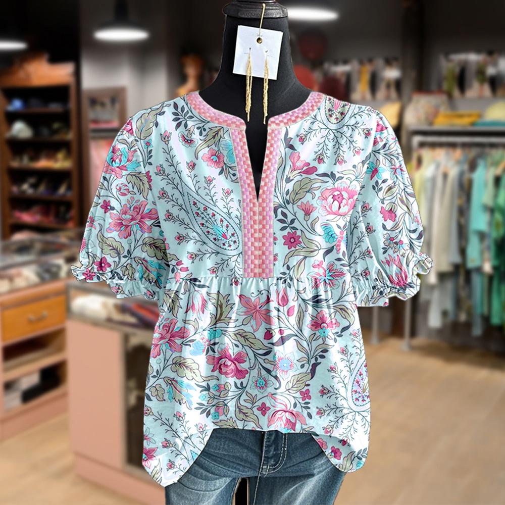 Embroidery Vintgae Floral Print Puff Sleeve Top Bohemian Womenswear Blouse Casual cute tops going tops women's summer outfits cute summer outfit Checkered Fluffy Ruffled flowy tops casual summer tops boho plus size tops Paisley Shirts Outdoorf
