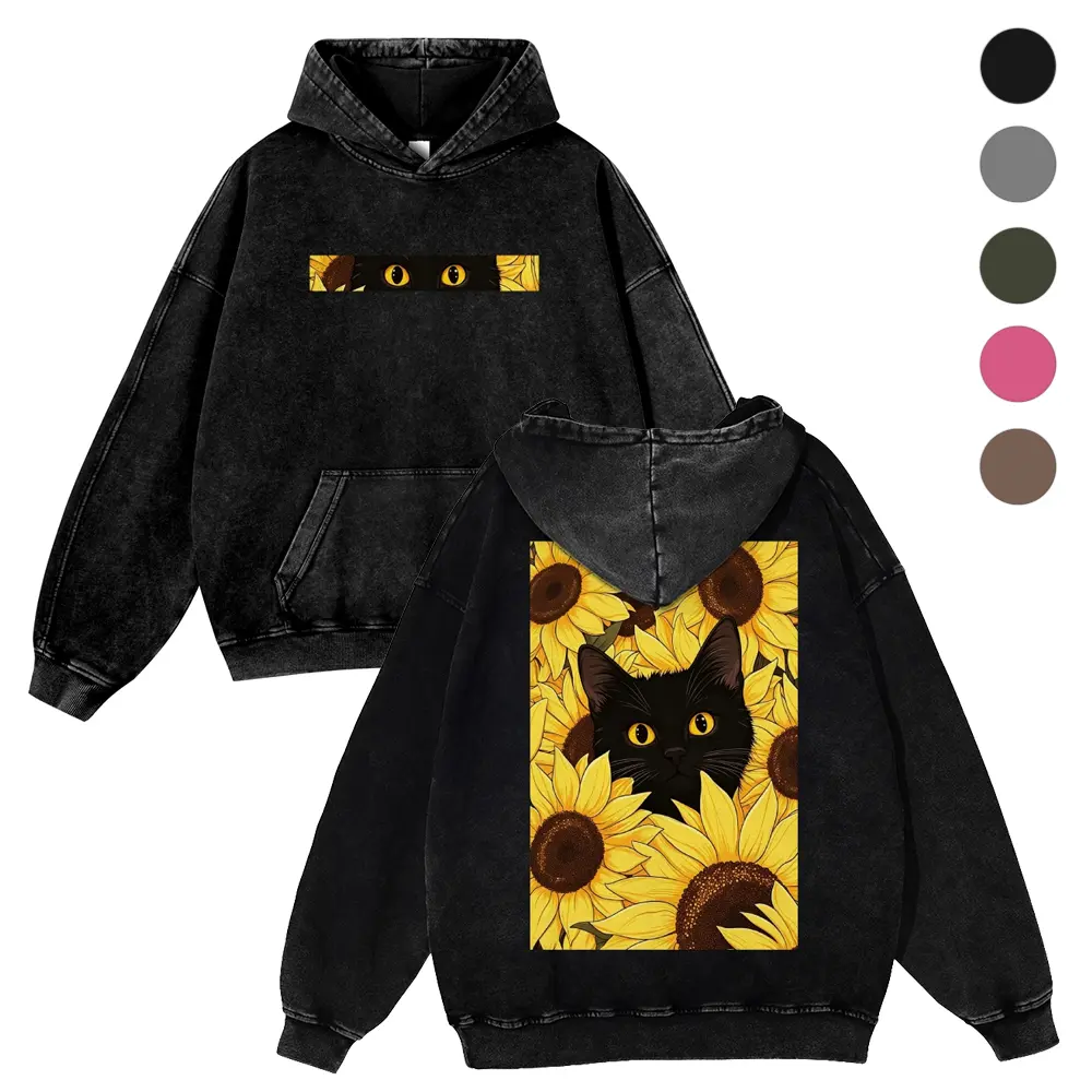 Men's DTG Print Hoodie, 380g Vintage Washed Tops with Black Cat & Bright Sunflower Full Front-Back Graphic, Autumn Fabric Fit Sweatshirt, Versatile for Spring Pairing with Jeans