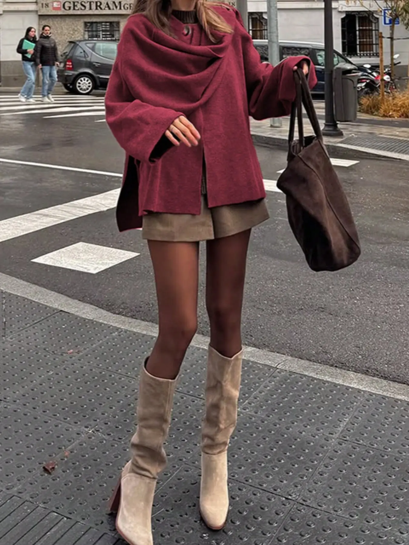 New Fall Winter Oversized Scarf Neck Long Sleeve Short Knit Cardigan, Stylish Warm Knitwear Outerwear for Cold Weather, Trendy Casual Fashion Piece
