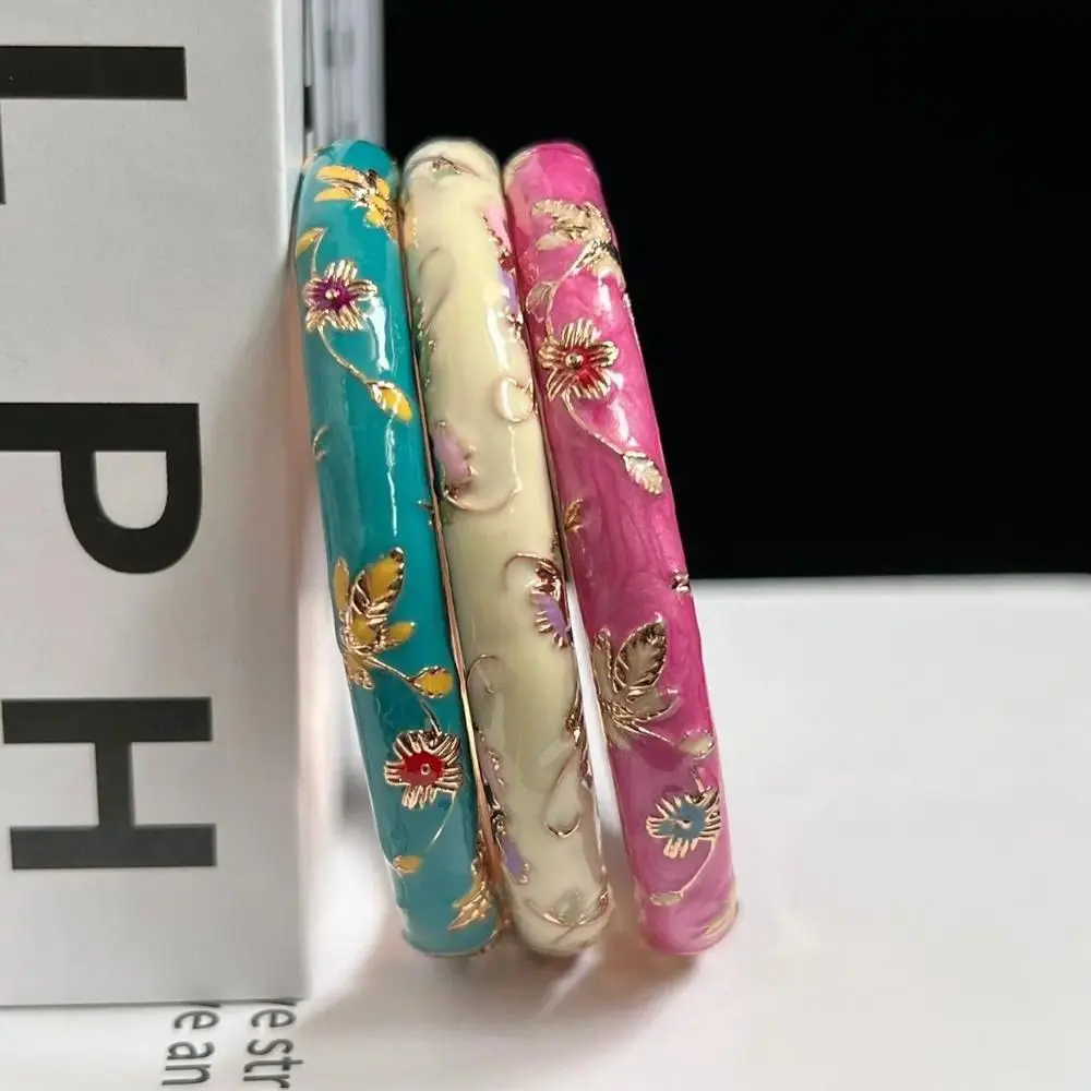 Women's Enamel Chinese Cloisonne Double Bangle, 6cm Alloy Metal Round Bracelet with Traditional Peony Filigree Flower, Ethnic Vintage Female Wear for Birthday Gift Ideas
