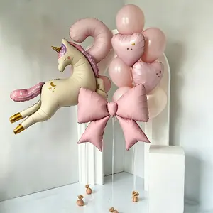 Matte Retro Cartoon Unicorn Balloon, Bowknot, Baby 40-Inch Number Mylar Latex Balloon, Birthday Party Decorations